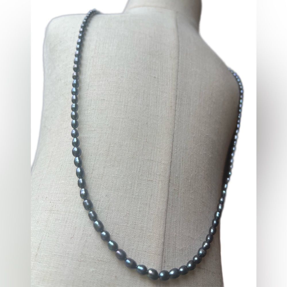 Silvery blues, greens & purples dainty oval 13” pearl strand necklace